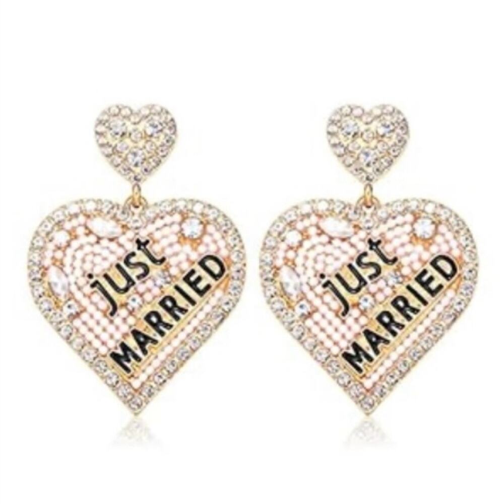 Just Married Gold Rhinestone & Pearl Dangle Heart Earrings